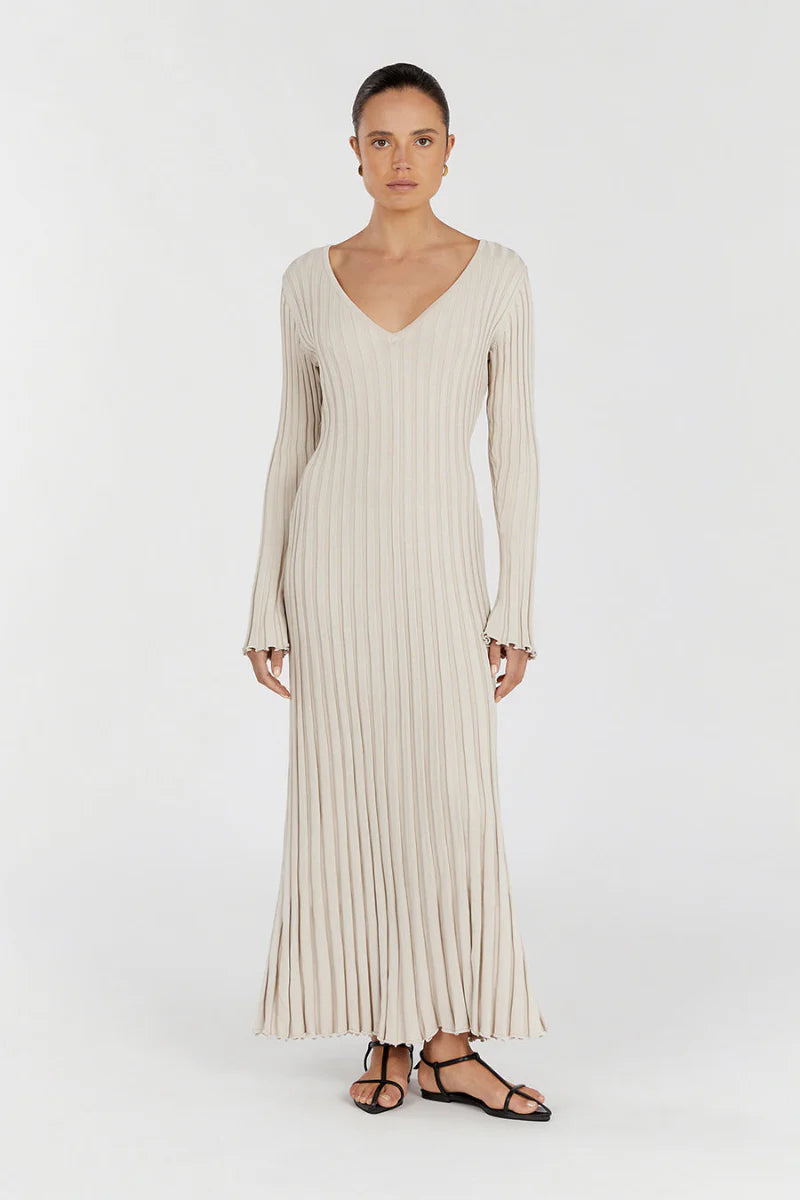 V-Neck Sleeved Knit Midi Dress