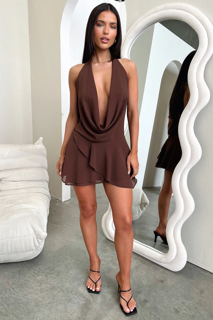 Cleo Plunge Cowl Neck Mini Dress - Brown