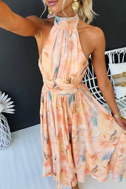 Halter-Neck Open Back Waisted Watercolor Print Maxi Dress