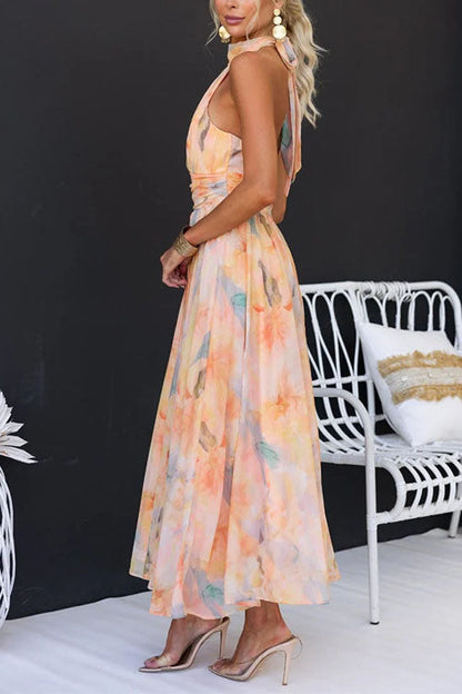 Halter-Neck Open Back Waisted Watercolor Print Maxi Dress