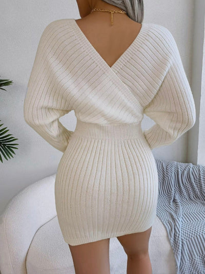 V-Neck Sleeved Knit Jumper Dress