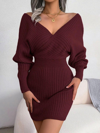 V-Neck Sleeved Knit Jumper Dress